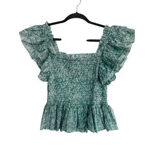 Love The Label Floral Smocked Ruffle Flutter Peplum Blouse Blue Women's Medium